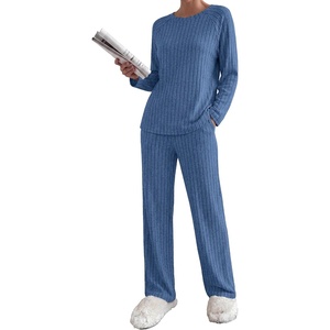 Ekouaer Womens Lounge Sets Long Sleeve Casual Pajama Fall Sleepwear Pockets | Soft Ribbed Knit Pjs, Loungewear 2 Piece Outfits, Crew neck, Curved Hem, Fashion 2026 Matching Sets Women Clothing(Captain’s Blue)