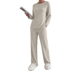Ekouaer Womens Lounge Sets Long Sleeve Casual Pajama Fall Sleepwear Pockets | Soft Ribbed Knit Pjs, Loungewear 2 Piece Outfits, Crew neck, Curved Hem, Fashion 2026 Matching Sets Women Clothing(Apricot)