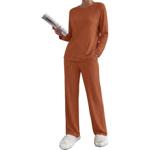 Ekouaer Womens Lounge Sets Long Sleeve Casual Pajama Fall Sleepwear Pockets | Soft Ribbed Knit Pjs, Loungewear 2 Piece Outfits, Crew neck, Curved Hem, Fashion 2026 Matching Sets Women Clothing(Caramel)