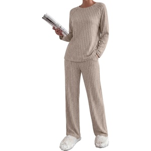 Ekouaer Womens Lounge Sets Long Sleeve Casual Pajama Fall Sleepwear Pockets | Soft Ribbed Knit Pjs, Loungewear 2 Piece Outfits, Crew neck, Curved Hem, Fashion 2026 Matching Sets Women Clothing(Taupe Gray)