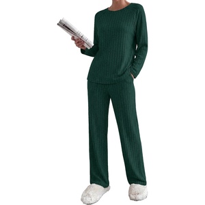 Ekouaer Womens Lounge Sets Long Sleeve Casual Pajama Fall Sleepwear Pockets | Soft Ribbed Knit Pjs, Loungewear 2 Piece Outfits, Crew neck, Curved Hem, Fashion 2026 Matching Sets Women Clothing(Green)