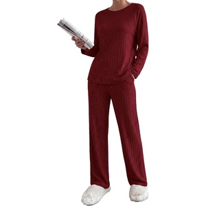 Ekouaer Womens Lounge Sets Long Sleeve Casual Pajama Fall Sleepwear Pockets | Soft Ribbed Knit Pjs, Loungewear 2 Piece Outfits, Crew neck, Curved Hem, Fashion 2026 Matching Sets Women Clothing(Red)