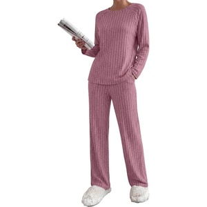 Ekouaer Womens Lounge Sets Long Sleeve Casual Pajama Fall Sleepwear Pockets | Soft Ribbed Knit Pjs, Loungewear 2 Piece Outfits, Crew neck, Curved Hem, Fashion 2026 Matching Sets Women Clothing(Dusty Rose)