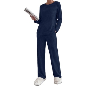 Ekouaer Womens Lounge Sets Long Sleeve Casual Pajama Fall Sleepwear Pockets | Soft Ribbed Knit Pjs, Loungewear 2 Piece Outfits, Crew neck, Curved Hem, Fashion 2026 Matching Sets Women Clothing(Navy Blue)