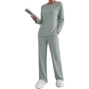 Ekouaer Womens Lounge Sets Long Sleeve Casual Pajama Fall Sleepwear Pockets | Soft Ribbed Knit Pjs, Loungewear 2 Piece Outfits, Crew neck, Curved Hem, Fashion 2026 Matching Sets Women Clothing(Light Green)