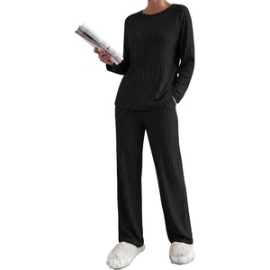 Ekouaer Womens Lounge Sets Long Sleeve Casual Pajama Fall Sleepwear Pockets | Soft Ribbed Knit Pjs, Loungewear 2 Piece Outfits, Crew neck, Curved Hem, Fashion 2026 Matching Sets Women Clothing(Black)