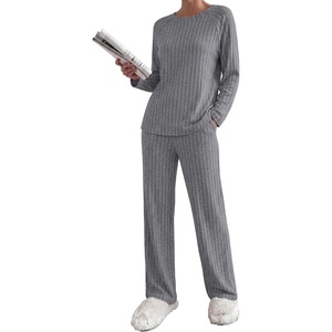 Ekouaer Womens Lounge Sets Long Sleeve Casual Pajama Fall Sleepwear Pockets | Soft Ribbed Knit Pjs, Loungewear 2 Piece Outfits, Crew neck, Curved Hem, Fashion 2026 Matching Sets Women Clothing(Dark Gray)