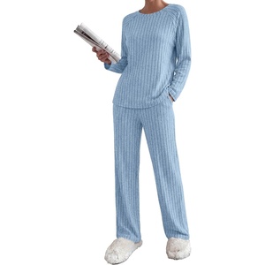 Ekouaer Womens Lounge Sets Long Sleeve Casual Pajama Fall Sleepwear Pockets | Soft Ribbed Knit Pjs, Loungewear 2 Piece Outfits, Crew neck, Curved Hem, Fashion 2026 Matching Sets Women Clothing(Light Blue)