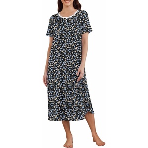Ekouaer Womens Nightgowns Long Sleep Dress Short Sleeve Henley Loungewear | Floral Print Night Dress S-3XL, Lace Nightgowns, Ladies Lounge Dress, Soft Long Sleep Shirt, Sleep, Daily Wear, Home(Black Blue Flower)