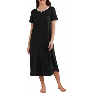 Ekouaer Womens Nightgowns Long Sleep Dress Short Sleeve Henley Loungewear | Floral Print Night Dress S-3XL, Lace Nightgowns, Ladies Lounge Dress, Soft Long Sleep Shirt, Sleep, Daily Wear, Home(Black)