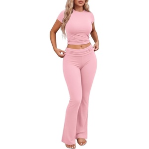 Ekouaer Womens Pajama Set Short Sleeve Crop Top Foldover Flare Pants | Soft Comfy Stretchy, Summer Wear Fall Layer, High Waist Fold Waistband For Loungewear Yoga Daily Casual Wear(Pink)