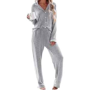 Ekouaer Womens Pajama Sets Long Sleeve Button Down 2 Piece Soft Pjs | Soft 2 Piece Lounge Sets, Fall Sleepwear, Long Pants With Side Pockets, Soft and Skin-Friendly Fabric(Light Grey)