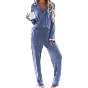 Ekouaer Womens Pajama Sets Long Sleeve Button Down 2 Piece Soft Pjs | Soft 2 Piece Lounge Sets, Fall Sleepwear, Long Pants With Side Pockets, Soft and Skin-Friendly Fabric(Navy)