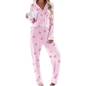 Ekouaer Womens Pajama Sets Long Sleeve Button Down 2 Piece Soft Pjs | Soft 2 Piece Lounge Sets, Fall Sleepwear, Long Pants With Side Pockets, Soft and Skin-Friendly Fabric(Striped Bow-pink)