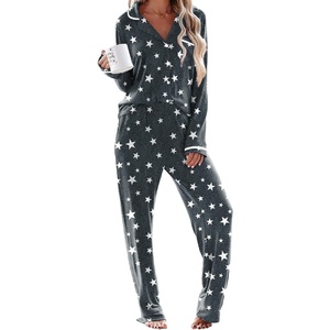 Ekouaer Womens Pajama Sets Long Sleeve Button Down 2 Piece Soft Pjs | Soft 2 Piece Lounge Sets, Fall Sleepwear, Long Pants With Side Pockets, Soft and Skin-Friendly Fabric(Grey Star)