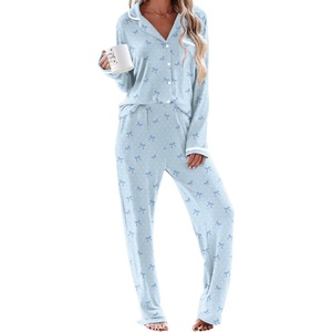 Ekouaer Womens Pajama Sets Long Sleeve Button Down 2 Piece Soft Pjs | Soft 2 Piece Lounge Sets, Fall Sleepwear, Long Pants With Side Pockets, Soft and Skin-Friendly Fabric(Polka Dot Bow-blue)