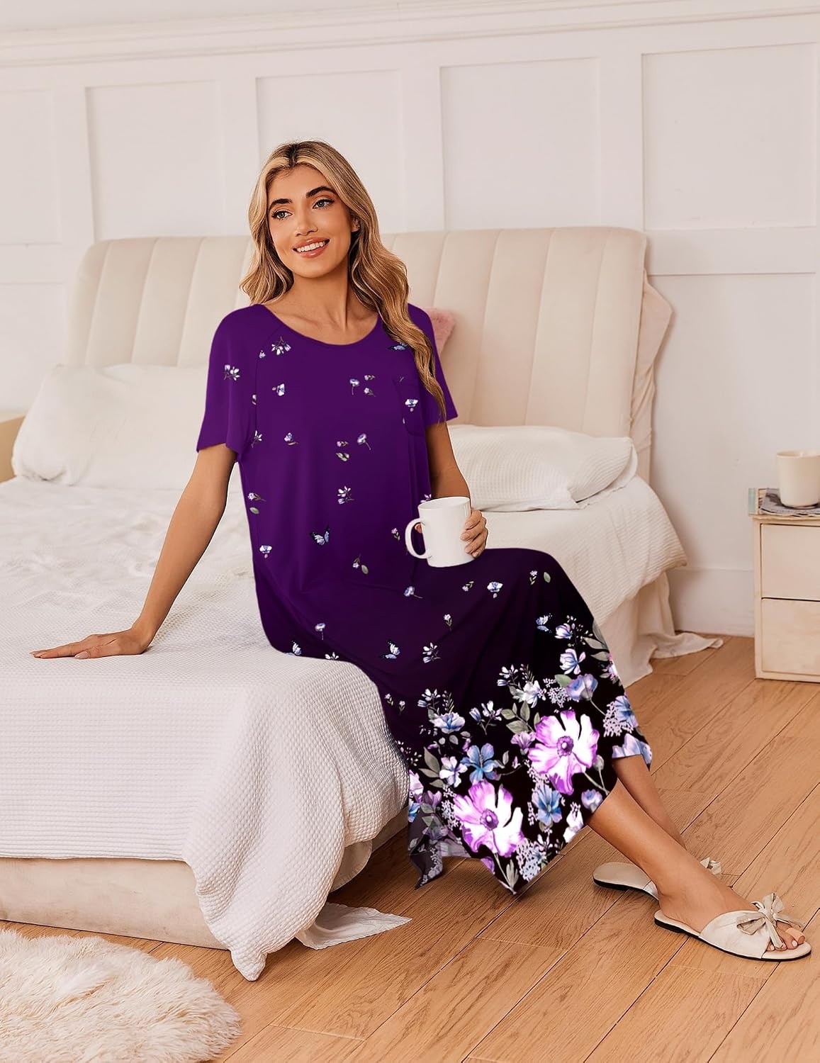 image:imageEkouaer Long Nightgowns for Women 3 Pack Plus Size Short Sleeve House Dress Ladies Night Gown V Neck Lounge Dress Plus Size Sleep Shirts Full Length Night Shirts Floral Moo Moos Soft Pajama DressBlackSparkling BranchesGradient Purple Floral
