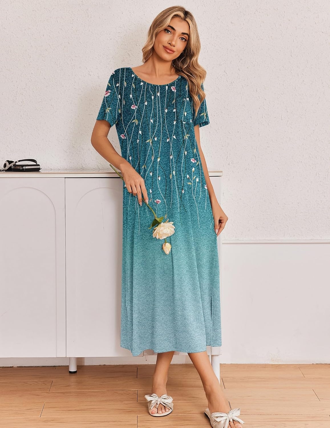 image:imageEkouaer Long Nightgowns for Women 3 Pack Plus Size Short Sleeve House Dress Ladies Night Gown V Neck Lounge Dress Plus Size Sleep Shirts Full Length Night Shirts Floral Moo Moos Soft Pajama DressBlackSparkling BranchesGradient Purple Floral