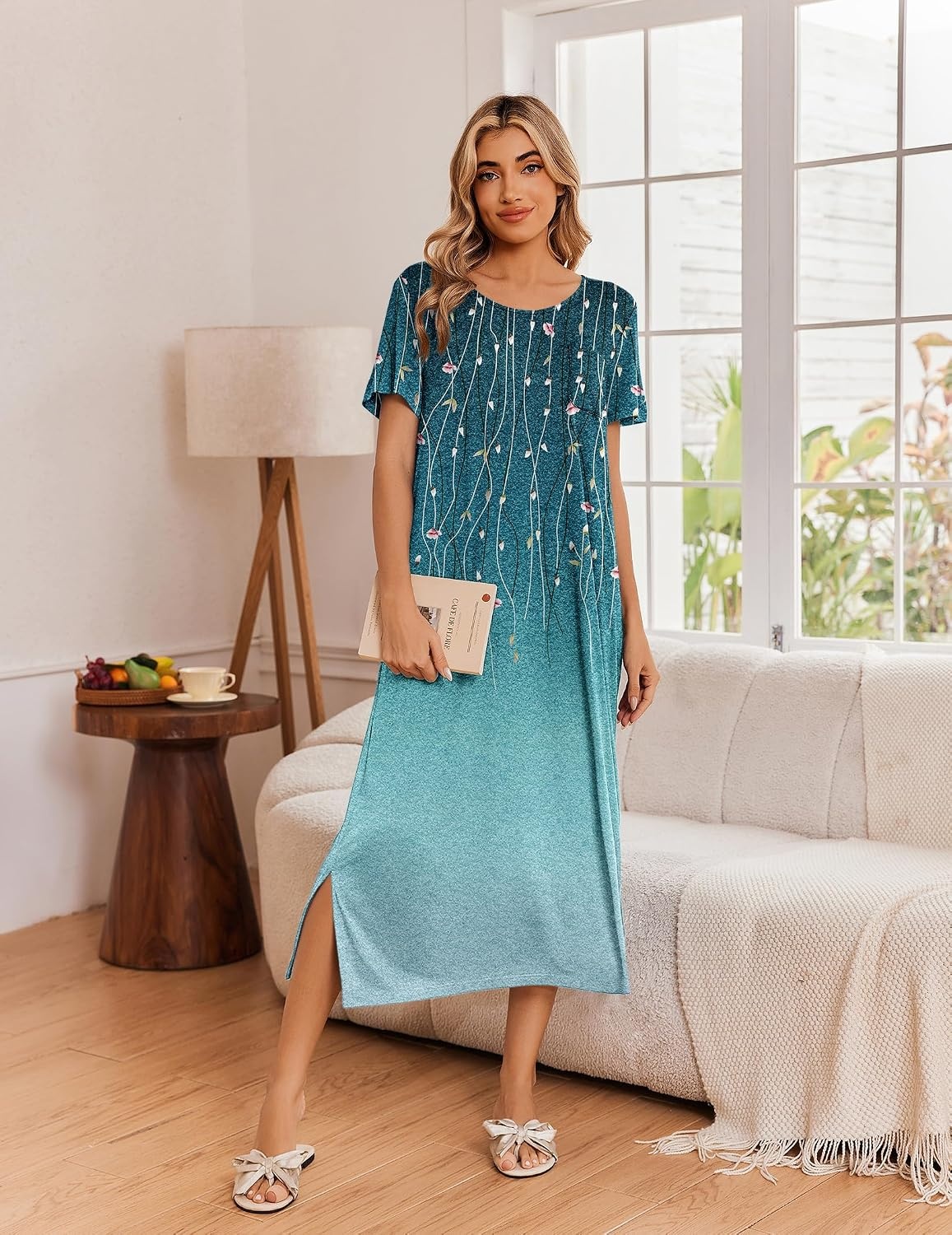 image:imageEkouaer Long Nightgowns for Women 3 Pack Plus Size Short Sleeve House Dress Ladies Night Gown V Neck Lounge Dress Plus Size Sleep Shirts Full Length Night Shirts Floral Moo Moos Soft Pajama DressBlackSparkling BranchesGradient Purple Floral