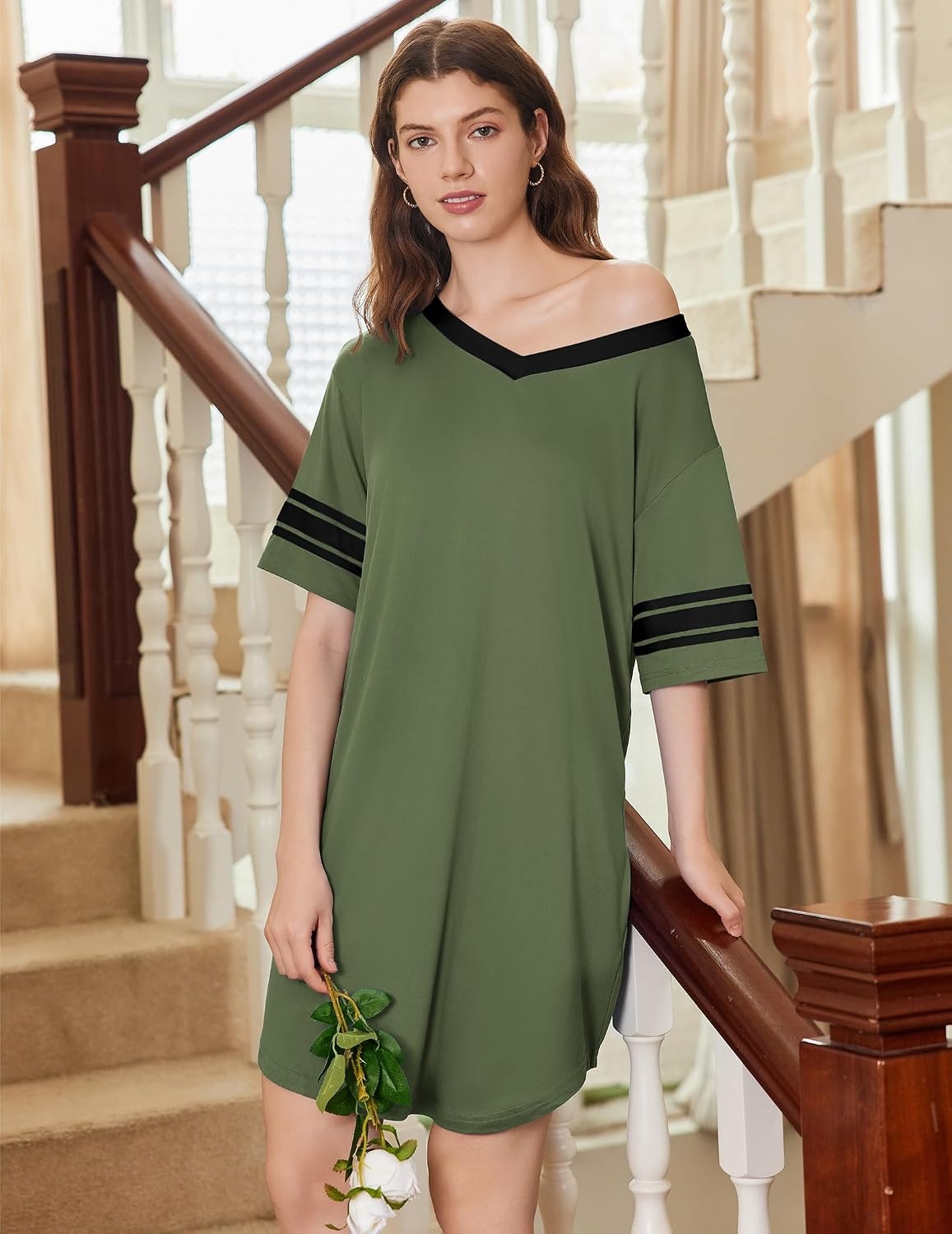 image:imageEkouaer Nightgowns for Women 2 Pack Short Sleeve Nightgown V Neck Sleepwear Soft Color Block Sleep Shirts Oversized Night Shirts Boyfriend Sleep Dress for Sleeping Daily Wear Pajama Party S4XLBlackArmy Green