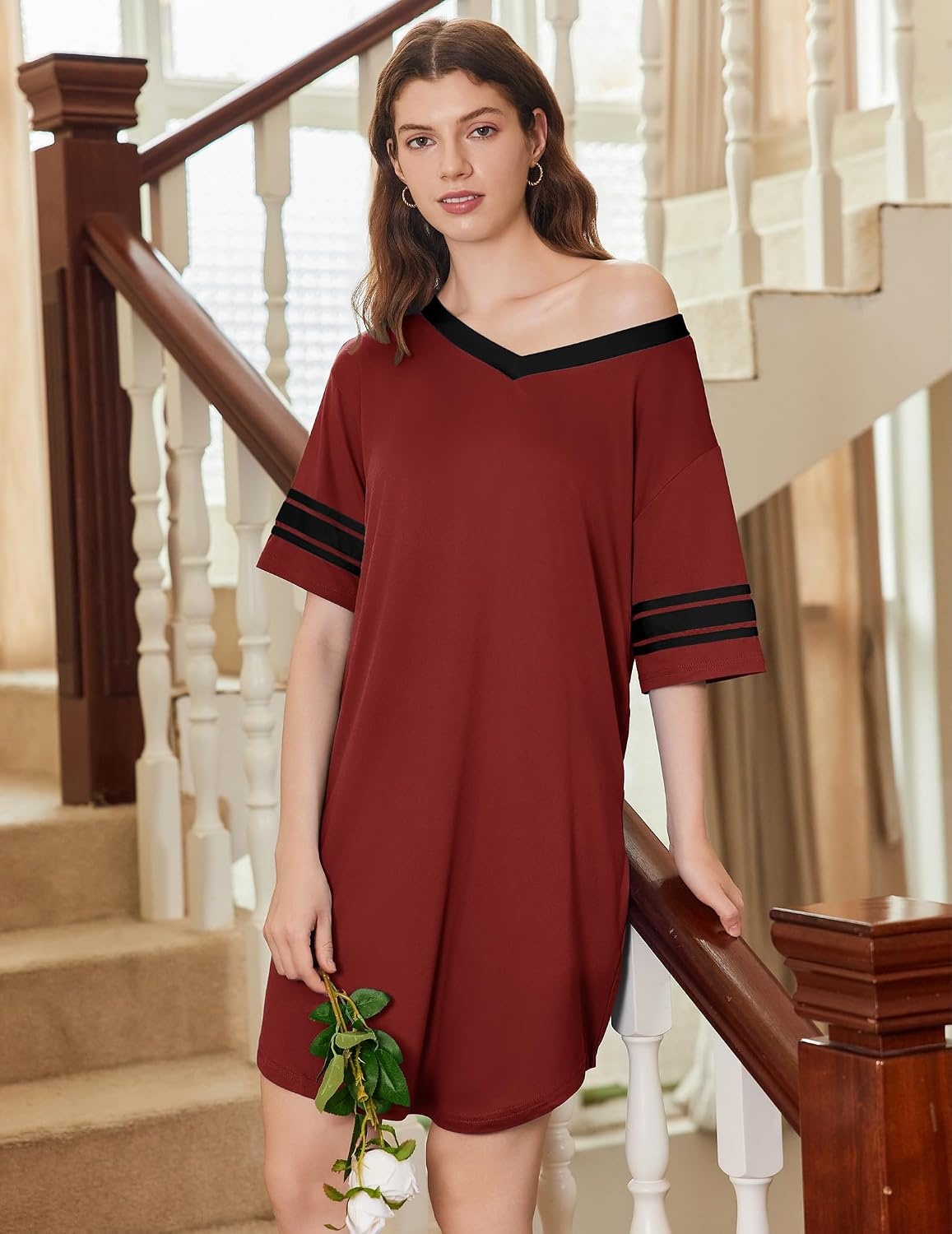 image:imageEkouaer Nightgowns for Women 2 Pack Short Sleeve Nightgown V Neck Sleepwear Soft Color Block Sleep Shirts Oversized Night Shirts Boyfriend Sleep Dress for Sleeping Daily Wear Pajama Party S4XLBlackWine Red