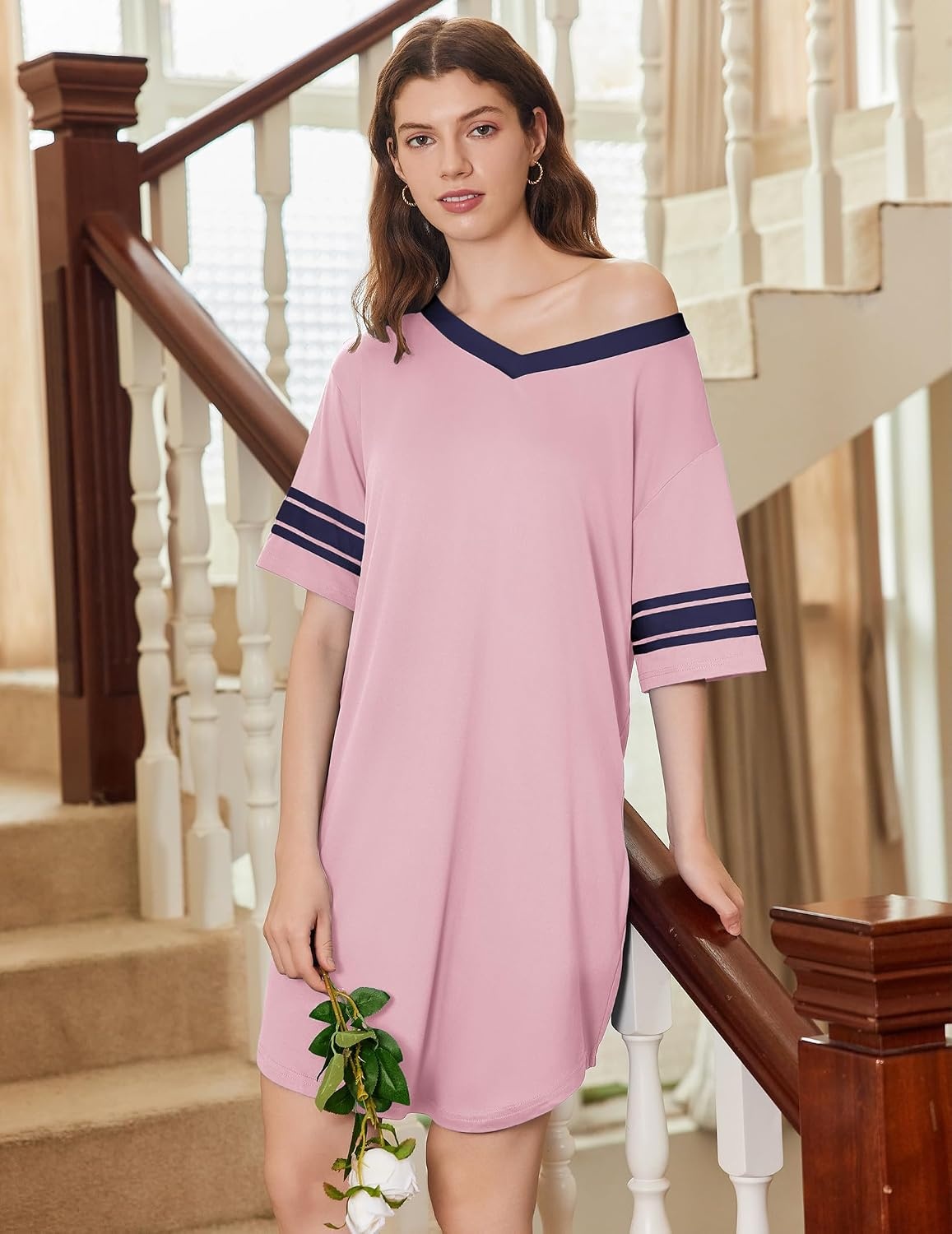 image:imageEkouaer Nightgowns for Women 2 Pack Short Sleeve Nightgown V Neck Sleepwear  Soft Color Block Sleep Shirts Oversized Night Shirts Boyfriend Sleep Dress for Sleeping Daily Wear Pajama Party S4XLBlackPink