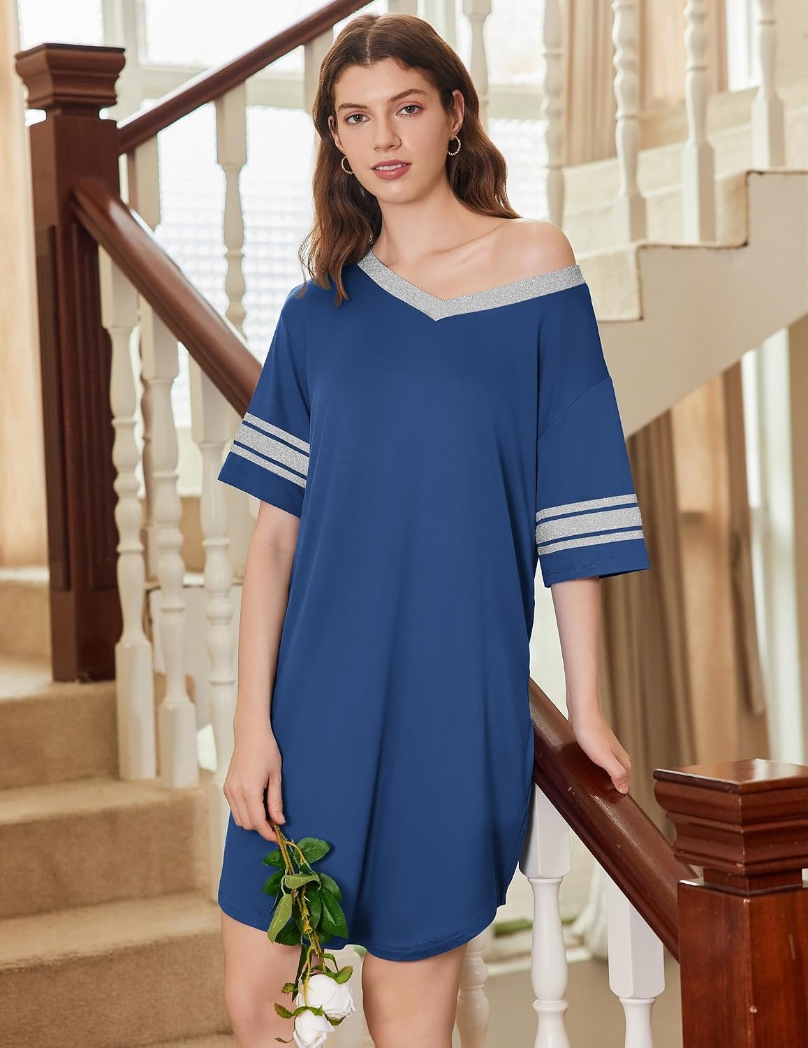 image:imageEkouaer Nightgowns for Women 2 Pack Short Sleeve Nightgown V Neck Sleepwear  Soft Color Block Sleep Shirts Oversized Night Shirts Boyfriend Sleep Dress for Sleeping Daily Wear Pajama Party S4XLBlackBlue