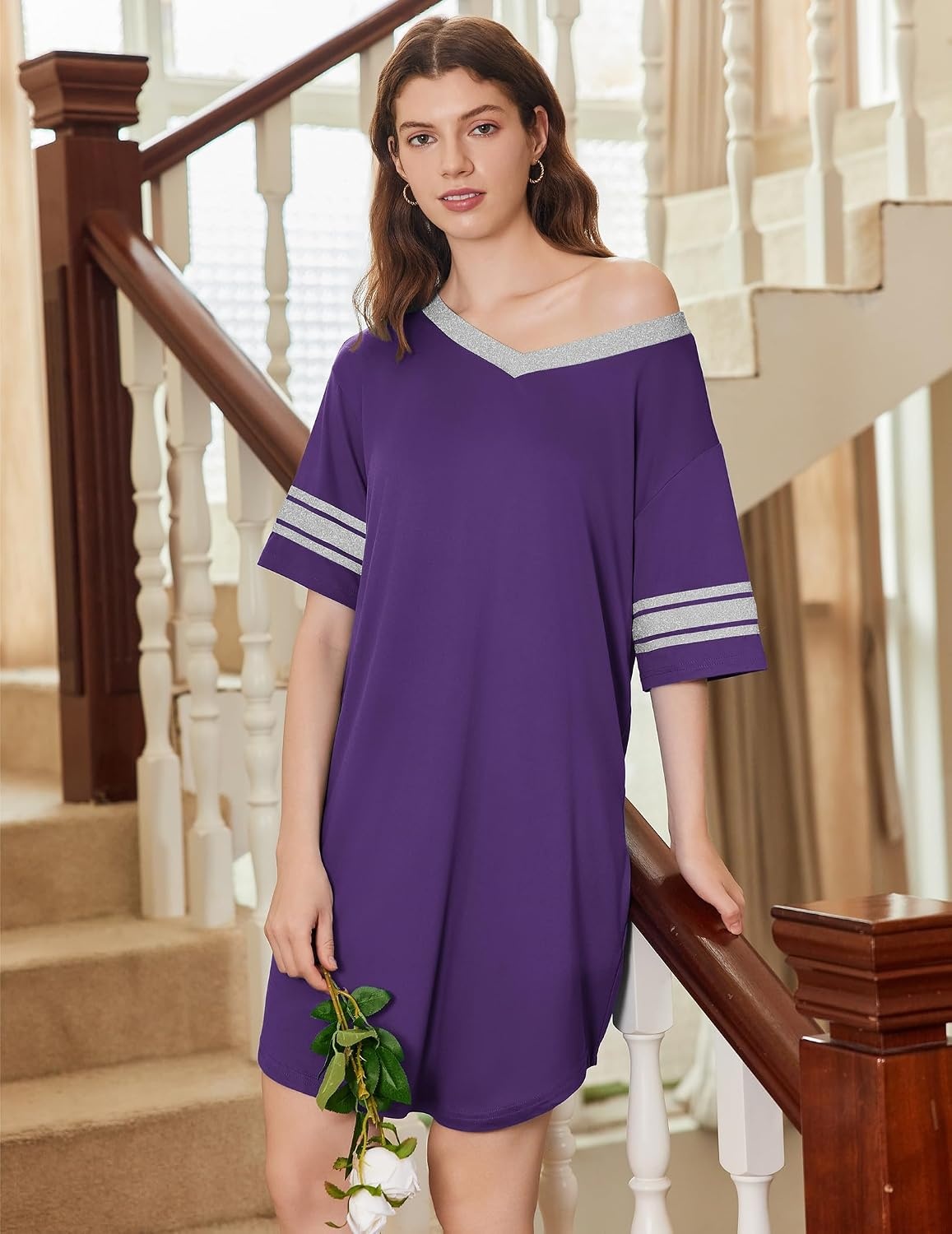 image:imageEkouaer Nightgowns for Women 2 Pack Short Sleeve Nightgown V Neck Sleepwear  Soft Color Block Sleep Shirts Oversized Night Shirts Boyfriend Sleep Dress for Sleeping Daily Wear Pajama Party S4XLBlackPurple