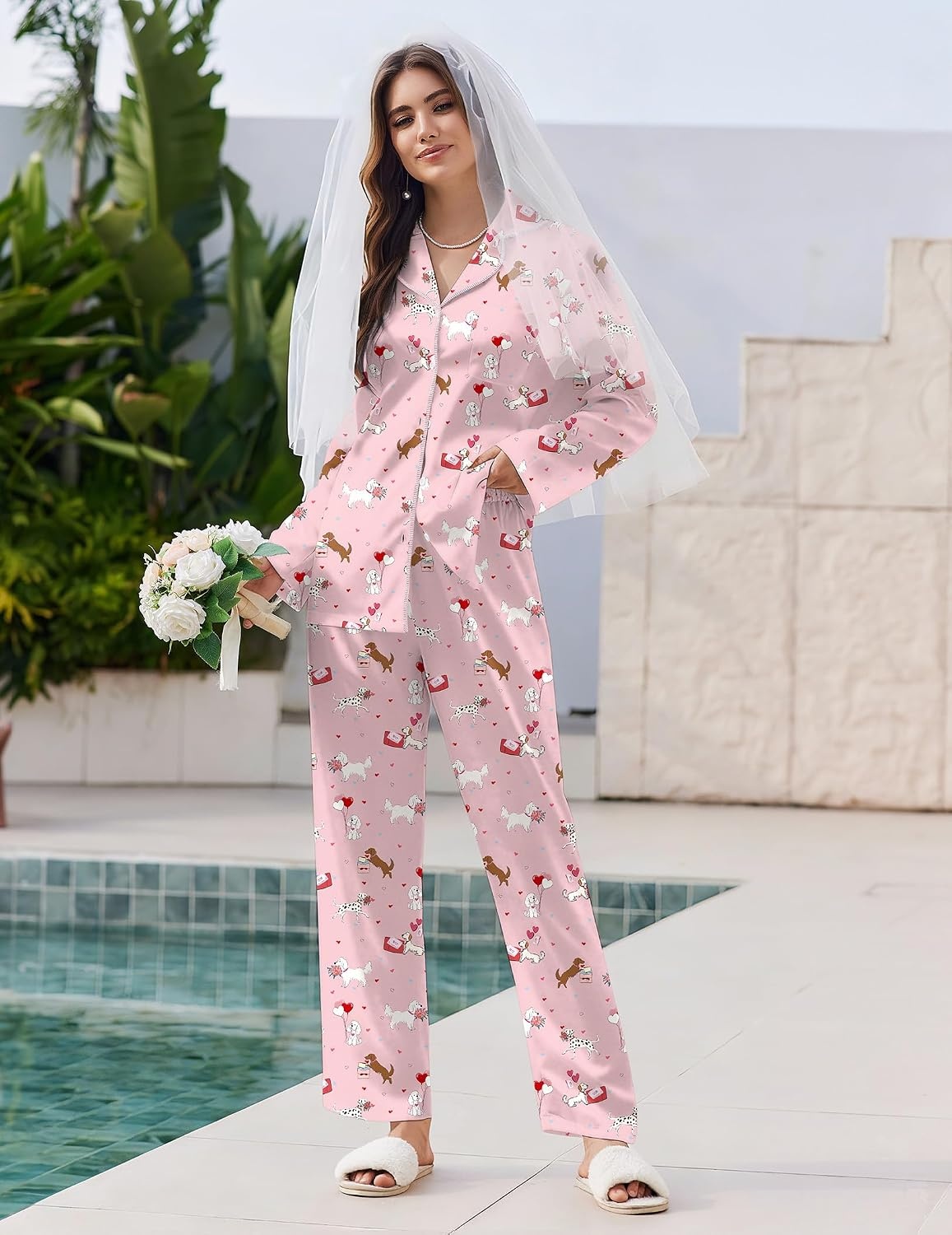 image:imageEkouaer Pajamas For Women Silk Pjs Long Sleeve Button Down Lounge Sets Christmas Pajamas 2 Piece Satin Sleepwear Cute PrintFun Pjs for SleepWeddingBridal PartyHoliday2pink Heart