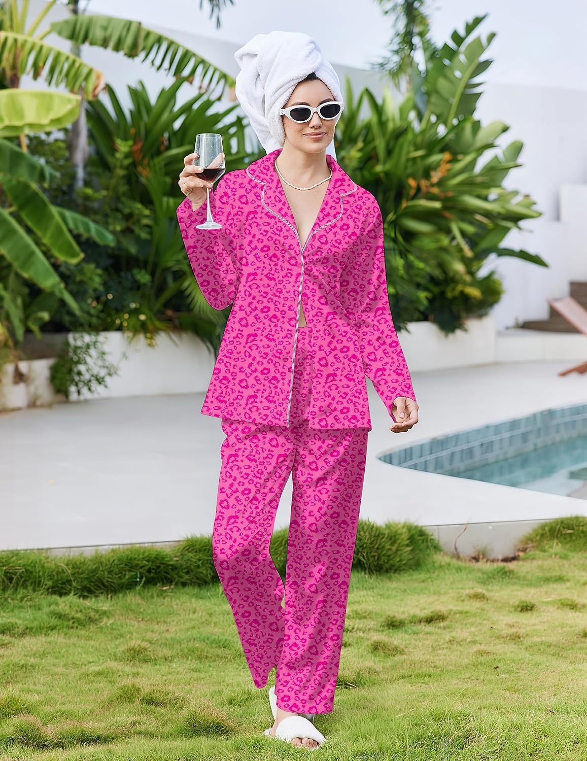 image:imageEkouaer Pajamas For Women Silk Pjs Long Sleeve Button Down Lounge Sets Christmas Pajamas 2 Piece Satin Sleepwear Cute PrintFun Pjs for SleepWeddingBridal PartyHolidayLeopard Hot Pink