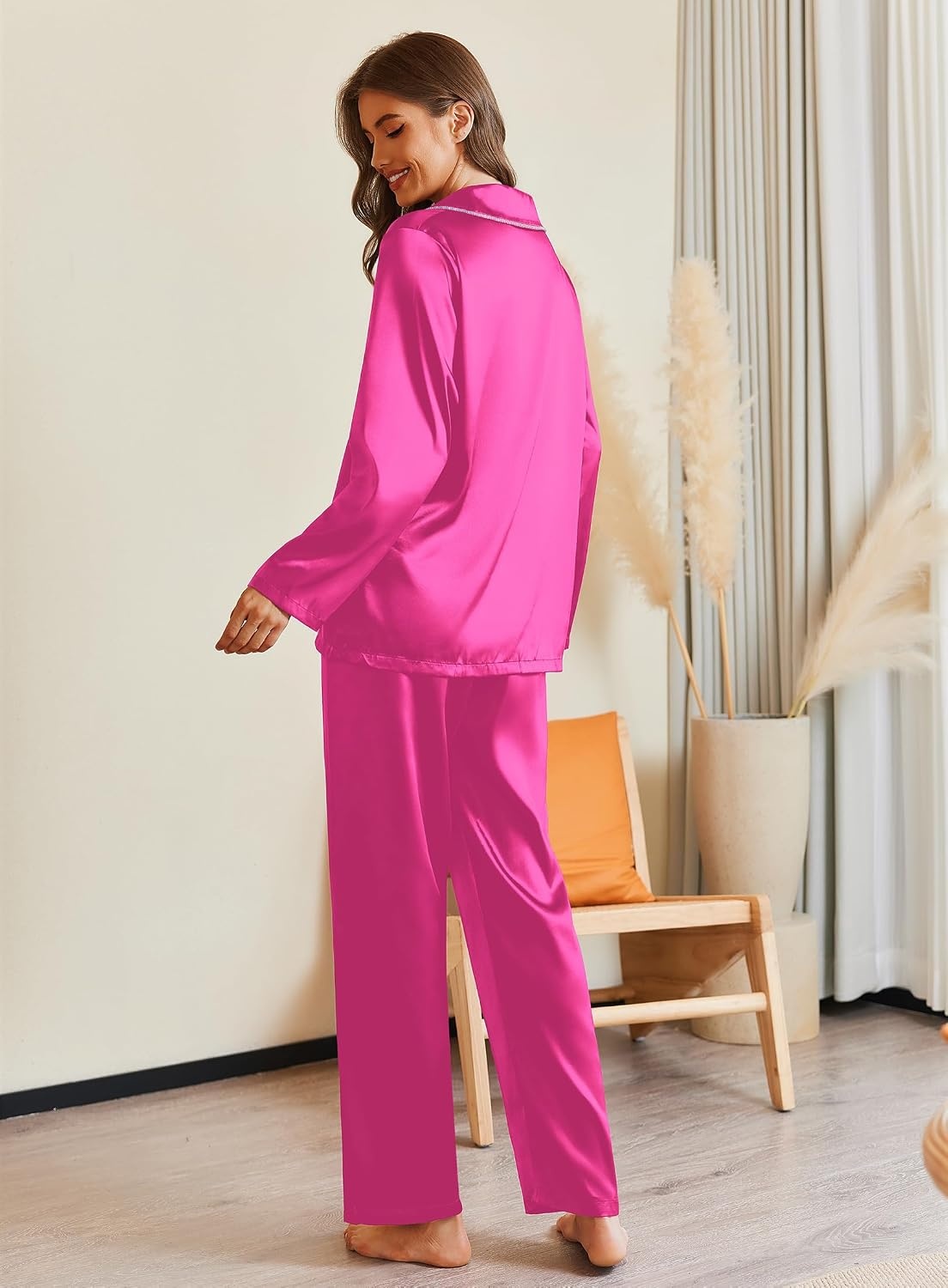 image:imageEkouaer Pajamas For Women Silk Pjs Long Sleeve Button Down Lounge Sets Christmas Pajamas 2 Piece Satin Sleepwear Cute PrintFun Pjs for SleepWeddingBridal PartyHolidayRose Red