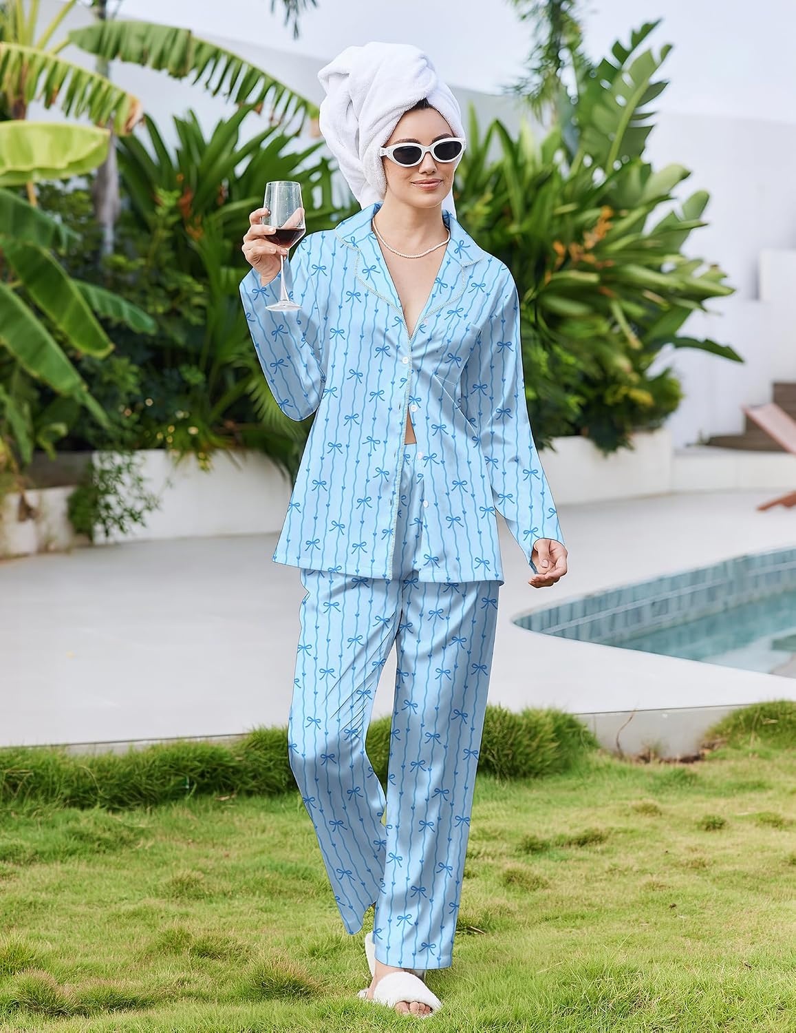 image:imageEkouaer Pajamas For Women Silk Pjs Long Sleeve Button Down Lounge Sets Christmas Pajamas 2 Piece Satin Sleepwear Cute PrintFun Pjs for SleepWeddingBridal PartyHolidayBlue Bow Stripe