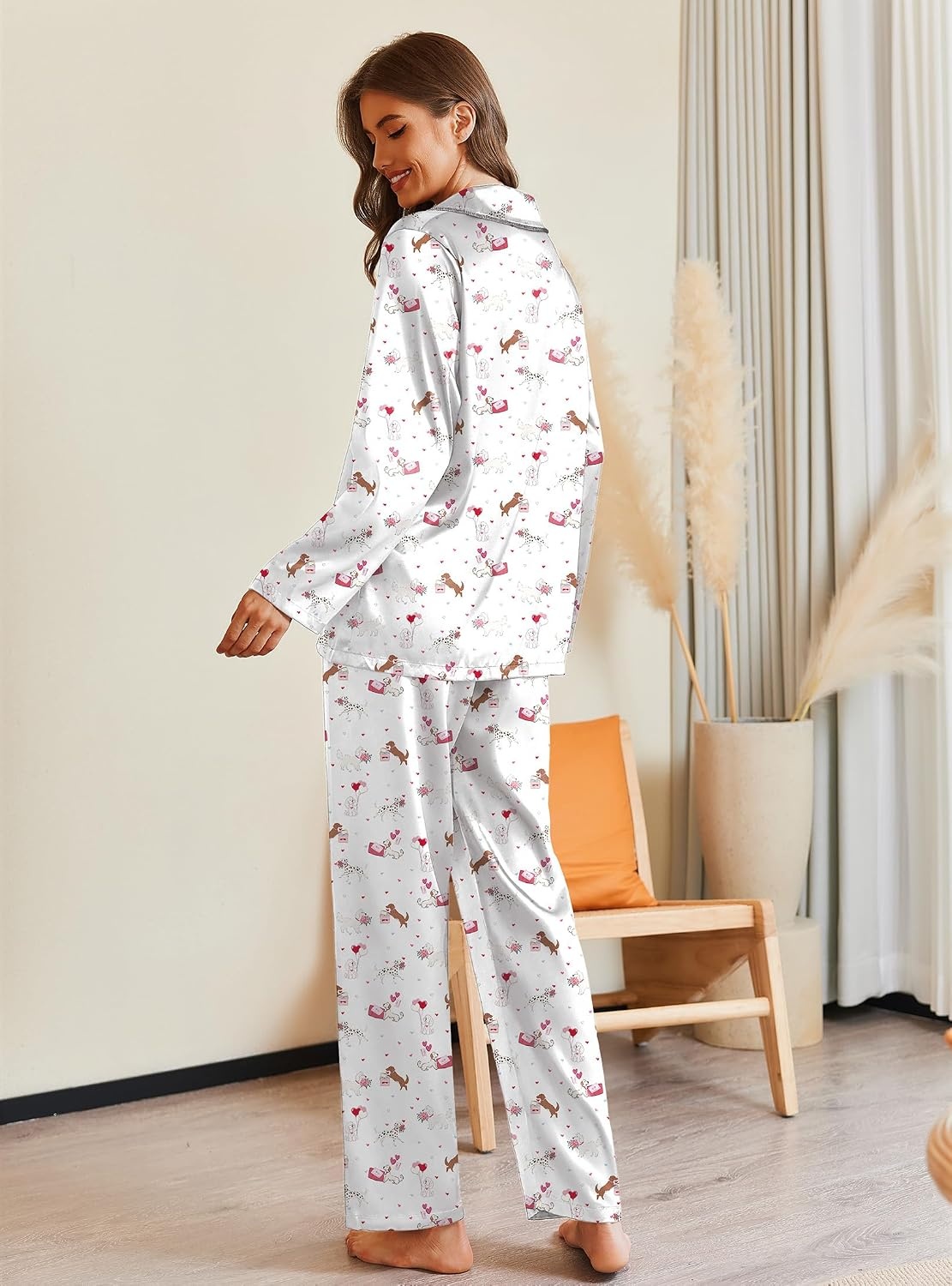 image:imageEkouaer Pajamas For Women Silk Pjs Long Sleeve Button Down Lounge Sets Christmas Pajamas 2 Piece Satin Sleepwear Cute PrintFun Pjs for SleepWeddingBridal PartyHoliday1white Heart