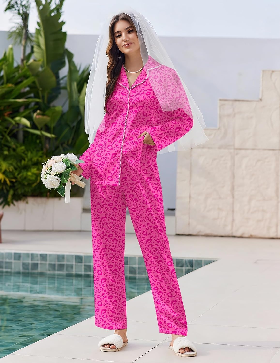 image:imageEkouaer Pajamas For Women Silk Pjs Long Sleeve Button Down Lounge Sets Christmas Pajamas 2 Piece Satin Sleepwear Cute PrintFun Pjs for SleepWeddingBridal PartyHolidayLeopard Hot Pink
