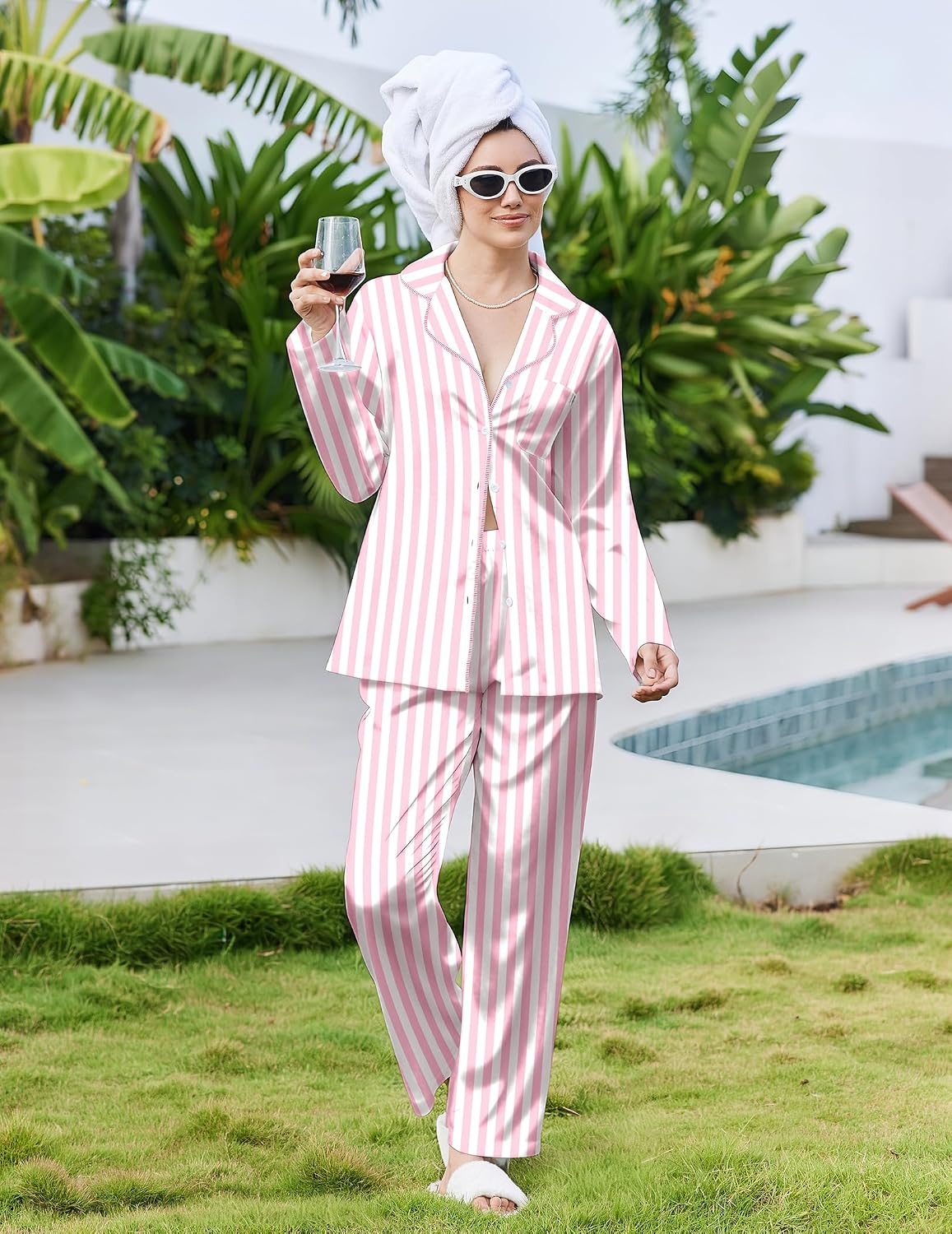 image:imageEkouaer Pajamas For Women Silk Pjs Long Sleeve Button Down Lounge Sets Christmas Pajamas 2 Piece Satin Sleepwear Cute PrintFun Pjs for SleepWeddingBridal PartyHolidayPink White Stripe