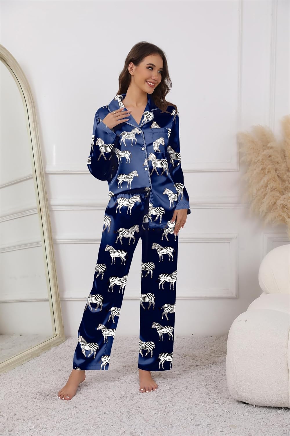 image:imageEkouaer Pajamas For Women Silk Pjs Long Sleeve Button Down Lounge Sets Christmas Pajamas 2 Piece Satin Sleepwear Cute PrintFun Pjs for SleepWeddingBridal PartyHolidayNavy With Zebra