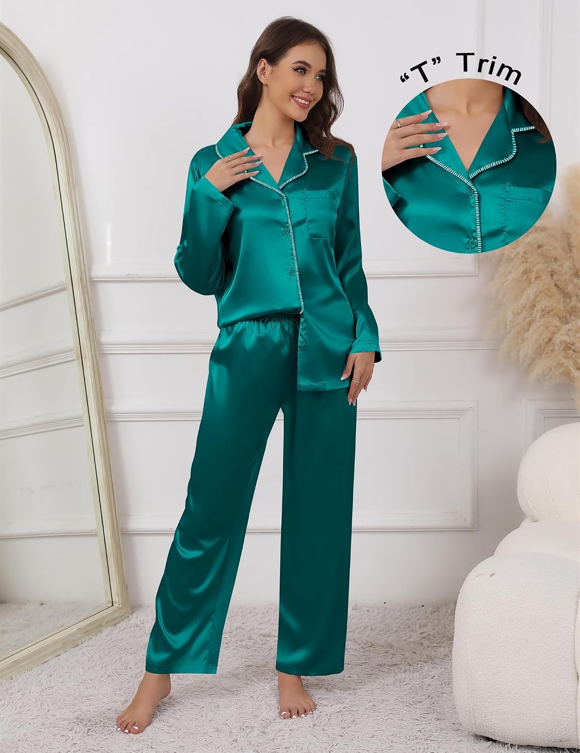 image:imageEkouaer Pajamas For Women Silk Pjs Long Sleeve Button Down Lounge Sets Christmas Pajamas 2 Piece Satin Sleepwear Cute PrintFun Pjs for SleepWeddingBridal PartyHolidayBlue Green