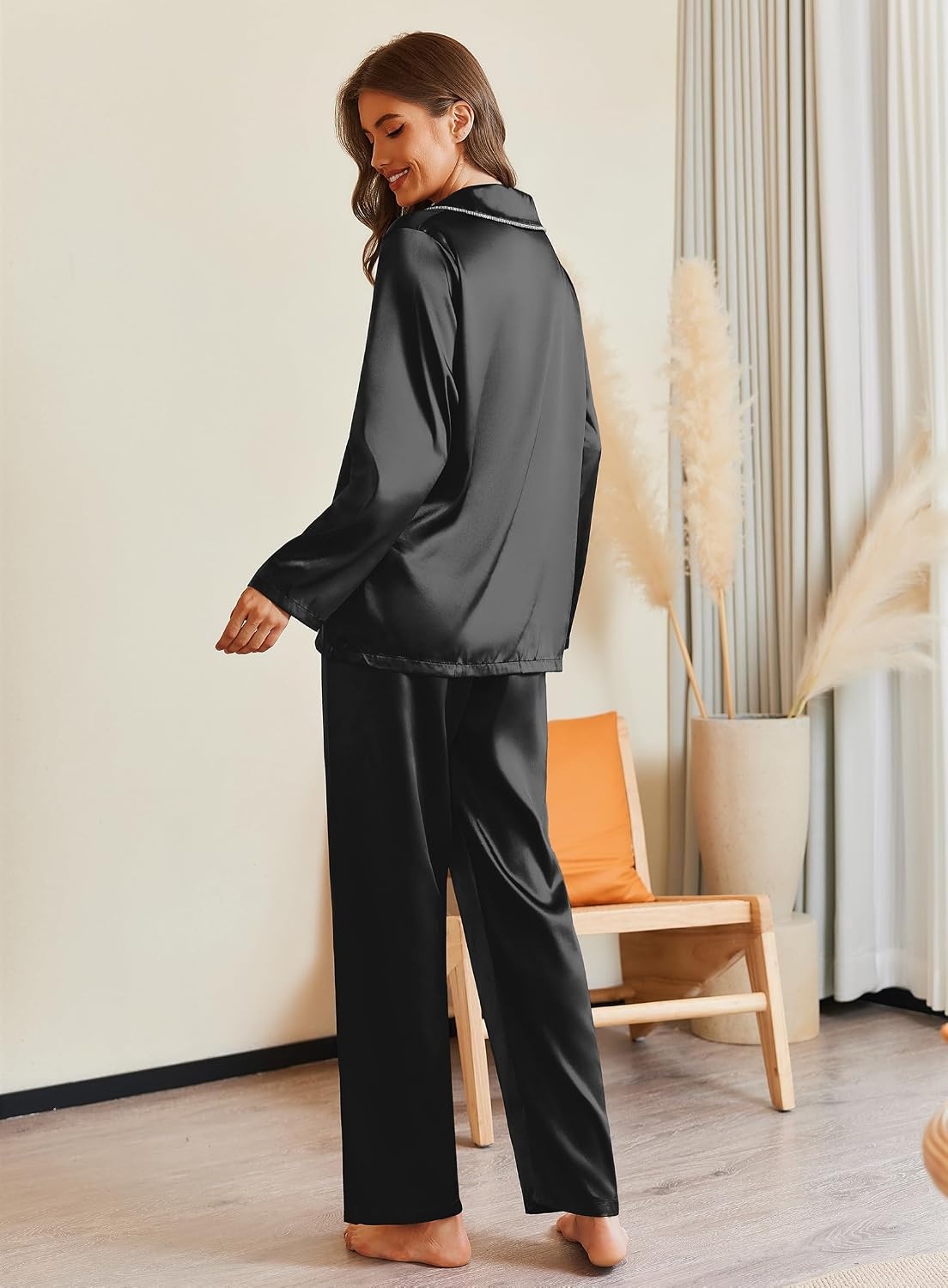 image:imageEkouaer Pajamas For Women Silk Pjs Long Sleeve Button Down Lounge Sets Christmas Pajamas 2 Piece Satin Sleepwear Cute PrintFun Pjs for SleepWeddingBridal PartyHolidayBlack