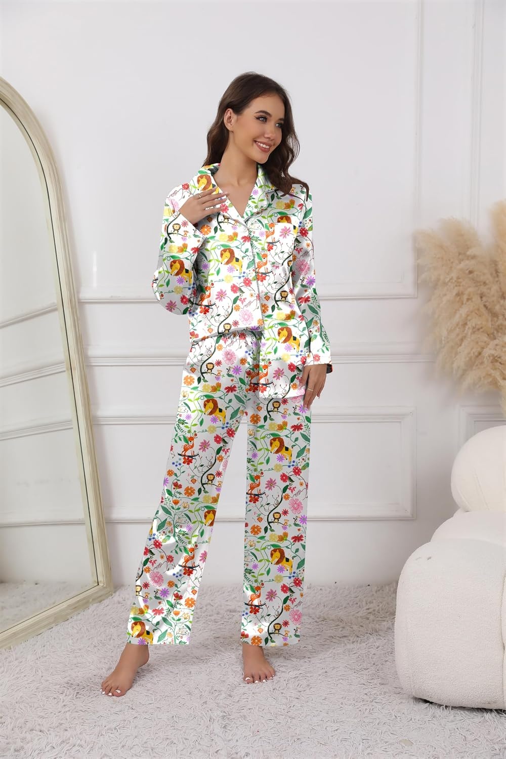 image:imageEkouaer Pajamas For Women Silk Pjs Long Sleeve Button Down Lounge Sets Christmas Pajamas 2 Piece Satin Sleepwear Cute PrintFun Pjs for SleepWeddingBridal PartyHolidayWhite With Animals