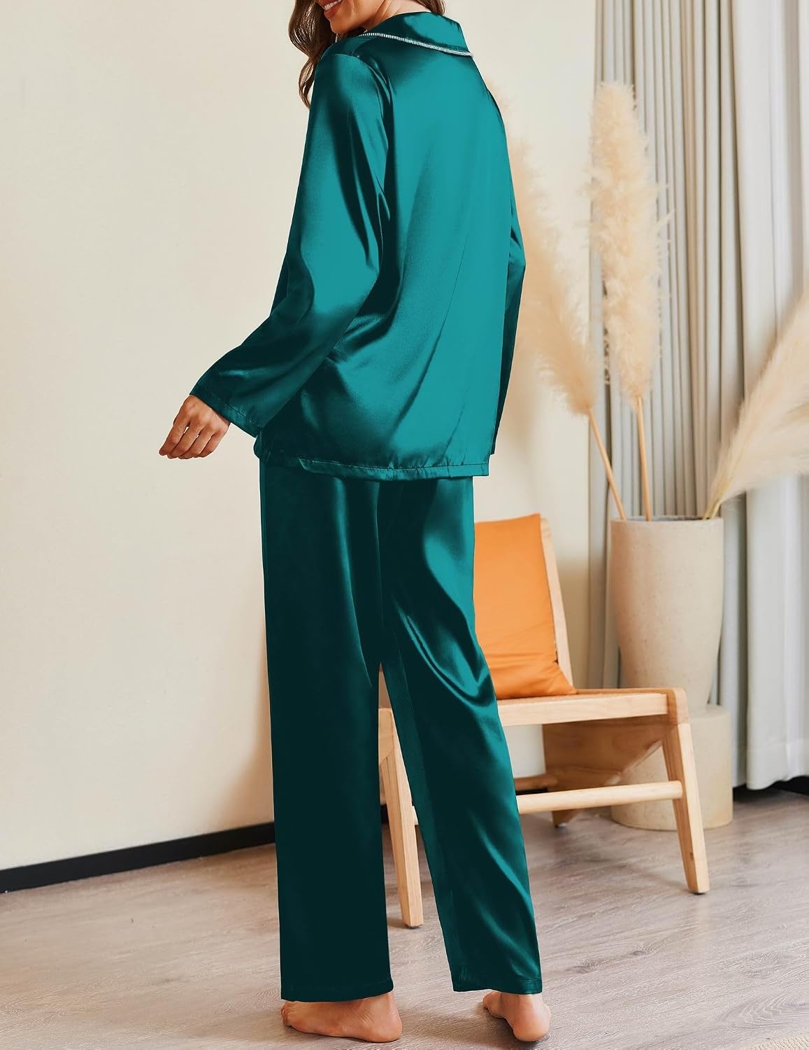 image:imageEkouaer Pajamas For Women Silk Pjs Long Sleeve Button Down Lounge Sets Christmas Pajamas 2 Piece Satin Sleepwear Cute PrintFun Pjs for SleepWeddingBridal PartyHolidayBlue Green