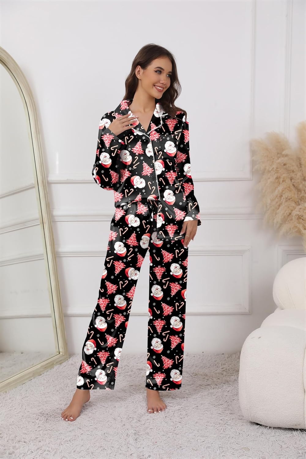 image:imageEkouaer Pajamas For Women Silk Pjs Long Sleeve Button Down Lounge Sets Christmas Pajamas 2 Piece Satin Sleepwear Cute PrintFun Pjs for SleepWeddingBridal PartyHolidayBlack With Santa Claus