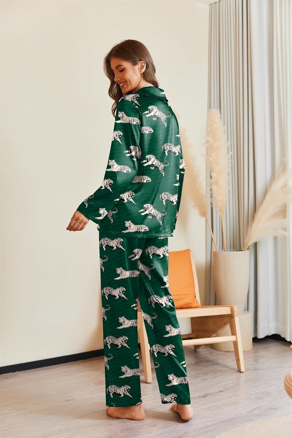 image:imageEkouaer Pajamas For Women Silk Pjs Long Sleeve Button Down Lounge Sets Christmas Pajamas 2 Piece Satin Sleepwear Cute PrintFun Pjs for SleepWeddingBridal PartyHolidayGreen With Tiger