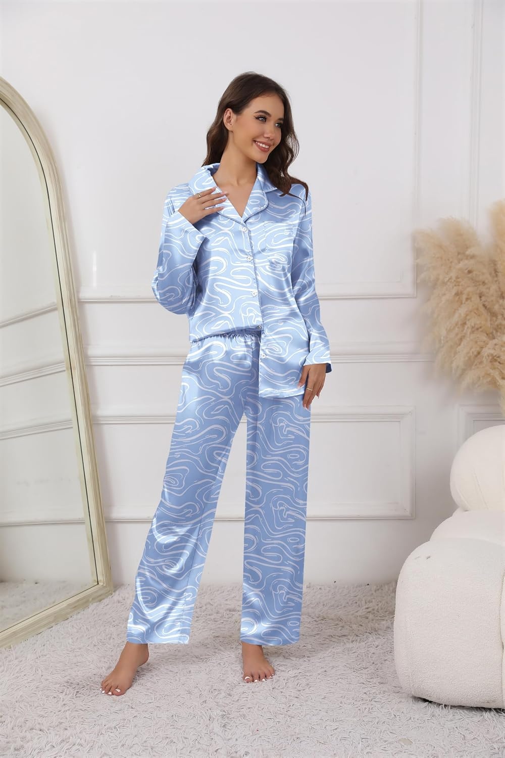 image:imageEkouaer Pajamas For Women Silk Pjs Long Sleeve Button Down Lounge Sets Christmas Pajamas 2 Piece Satin Sleepwear Cute PrintFun Pjs for SleepWeddingBridal PartyHolidayCurvy