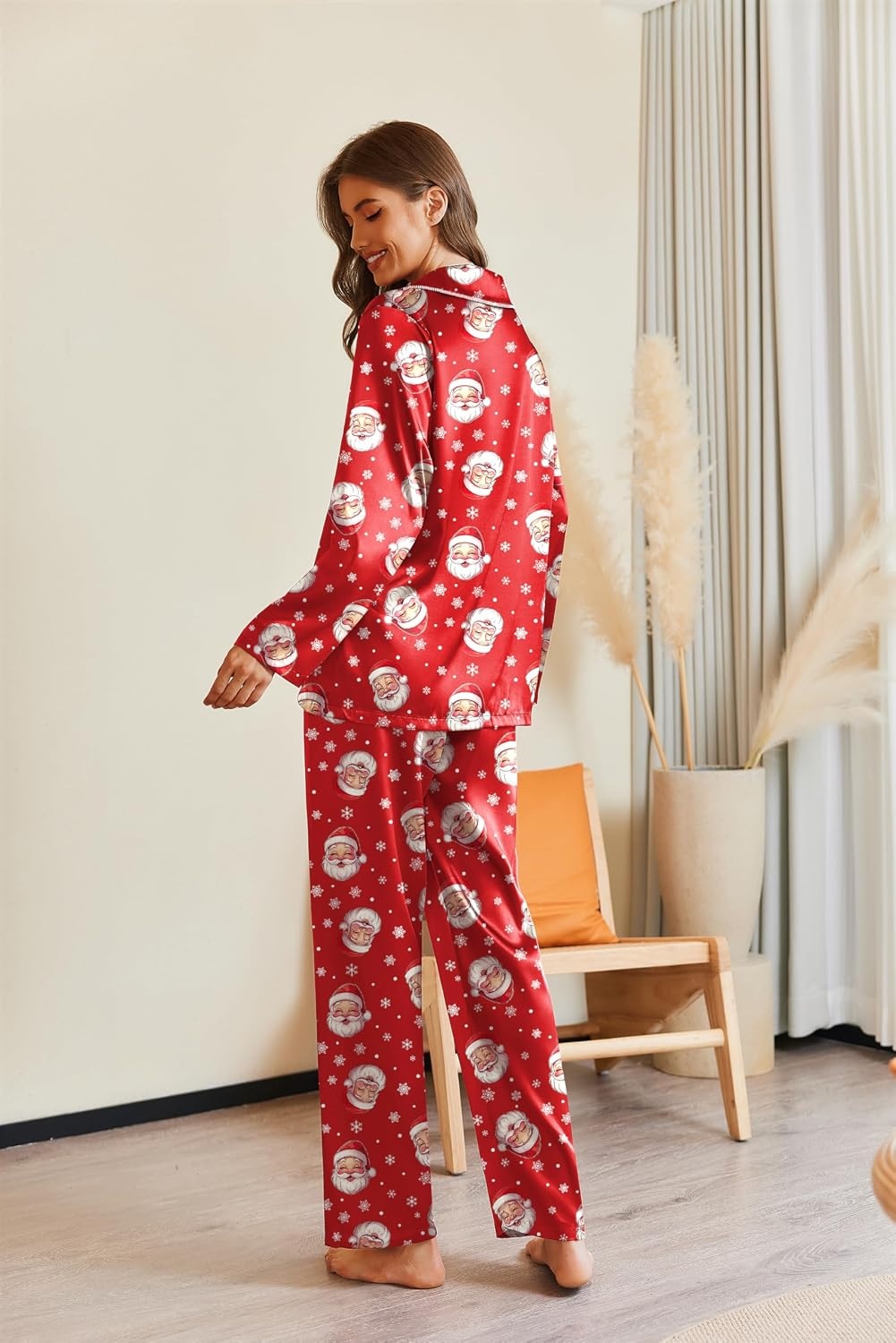 image:imageEkouaer Pajamas For Women Silk Pjs Long Sleeve Button Down Lounge Sets Christmas Pajamas 2 Piece Satin Sleepwear Cute PrintFun Pjs for SleepWeddingBridal PartyHolidayRed With Santa Claus