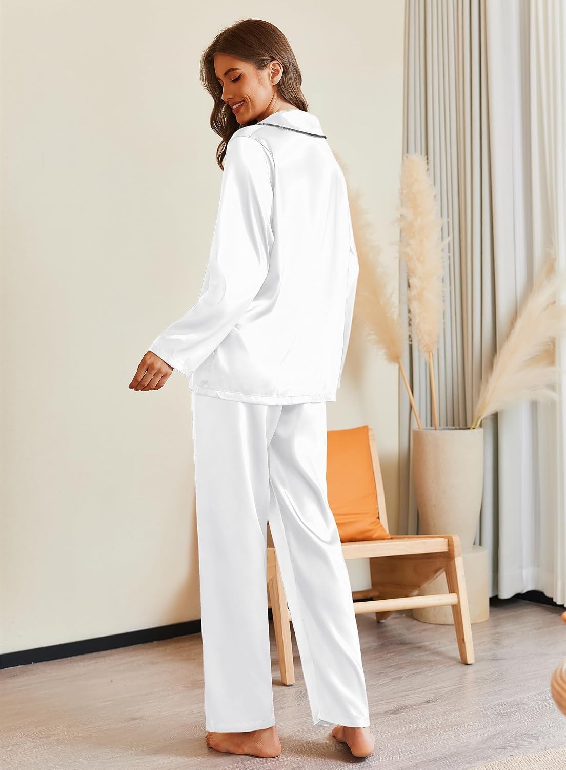 image:imageEkouaer Pajamas For Women Silk Pjs Long Sleeve Button Down Lounge Sets Christmas Pajamas 2 Piece Satin Sleepwear Cute PrintFun Pjs for SleepWeddingBridal PartyHolidayWhite