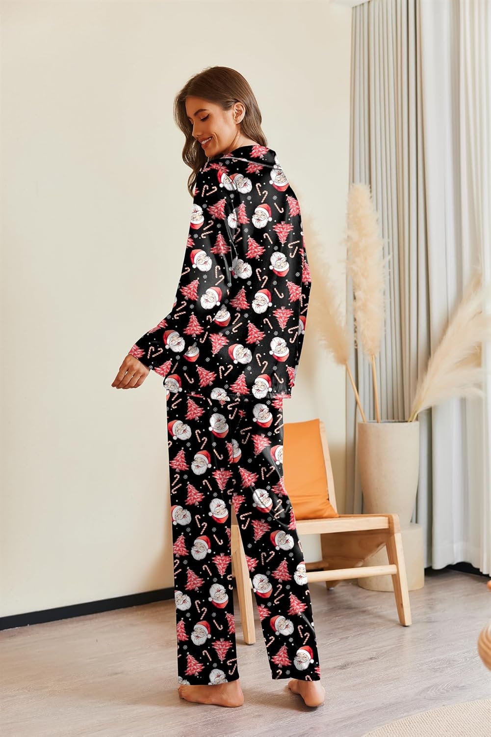 image:imageEkouaer Pajamas For Women Silk Pjs Long Sleeve Button Down Lounge Sets Christmas Pajamas 2 Piece Satin Sleepwear Cute PrintFun Pjs for SleepWeddingBridal PartyHolidayBlack With Santa Claus