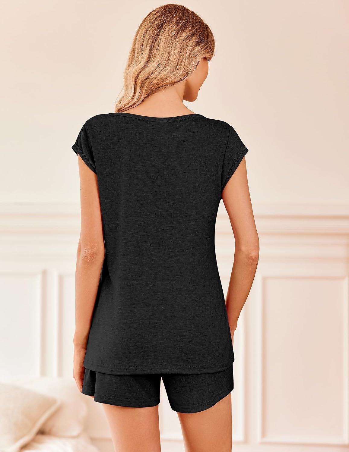 image:imageEkouaer Pajamas for Women 2 Piece Summer Lounge Set Short Sleeve Shorts Pjs Cap Sleeve Crew Neck Sleepwear with PocketsComfy Casual Loungewear for Stay at HomePostpartumAirport Traval OutfitsBlack