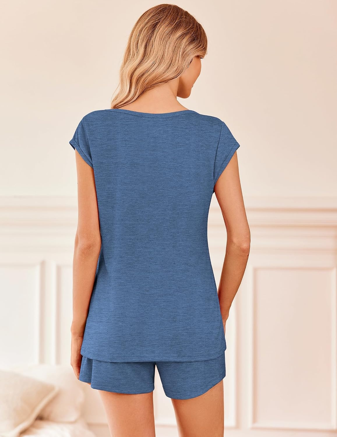 image:imageEkouaer Pajamas for Women 2 Piece Summer Lounge Set Short Sleeve Shorts Pjs Cap Sleeve Crew Neck Sleepwear with PocketsComfy Casual Loungewear for Stay at HomePostpartumAirport Traval OutfitsNavy