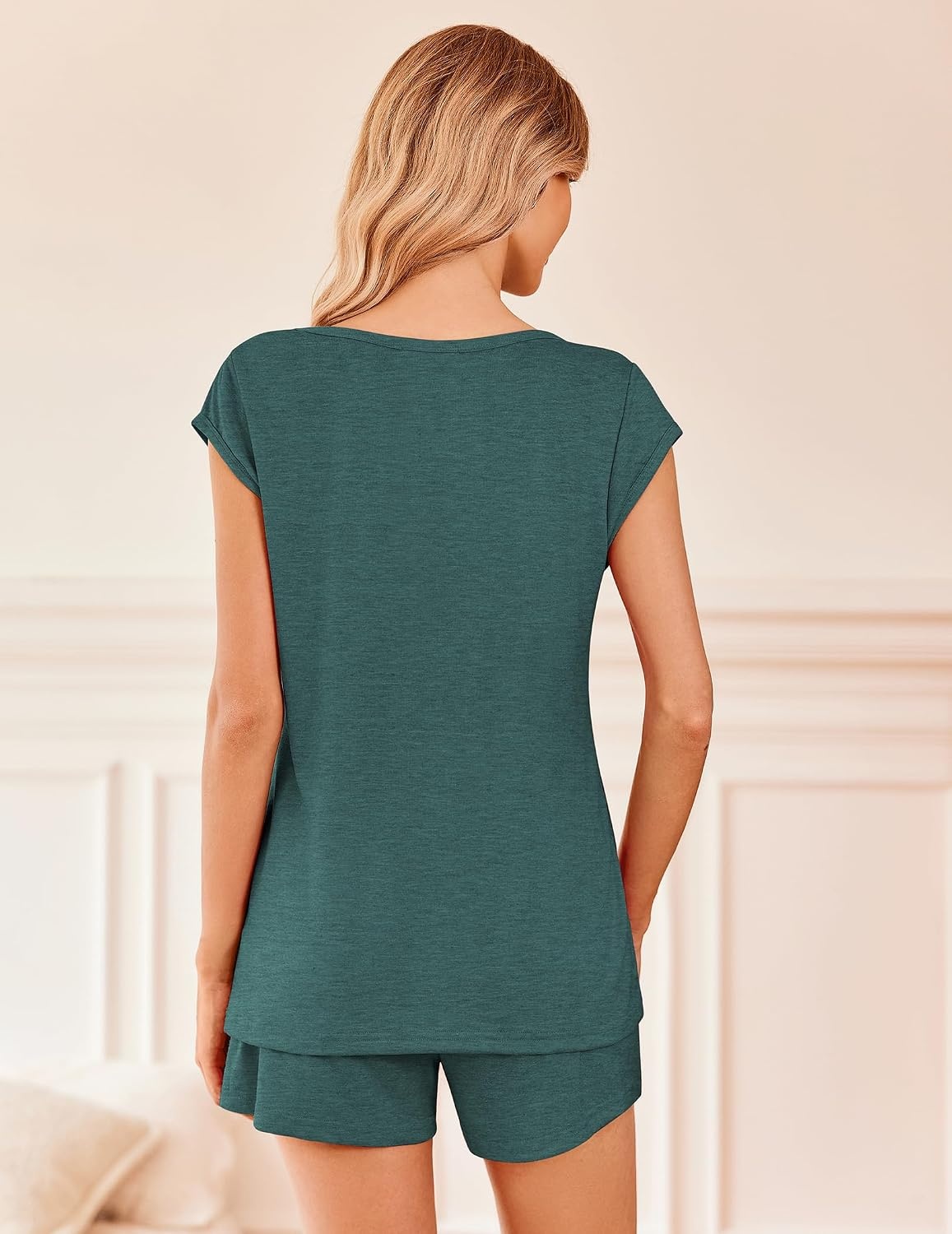 image:imageEkouaer Pajamas for Women 2 Piece Summer Lounge Set Short Sleeve Shorts Pjs Cap Sleeve Crew Neck Sleepwear with PocketsComfy Casual Loungewear for Stay at HomePostpartumAirport Traval OutfitsLake Green