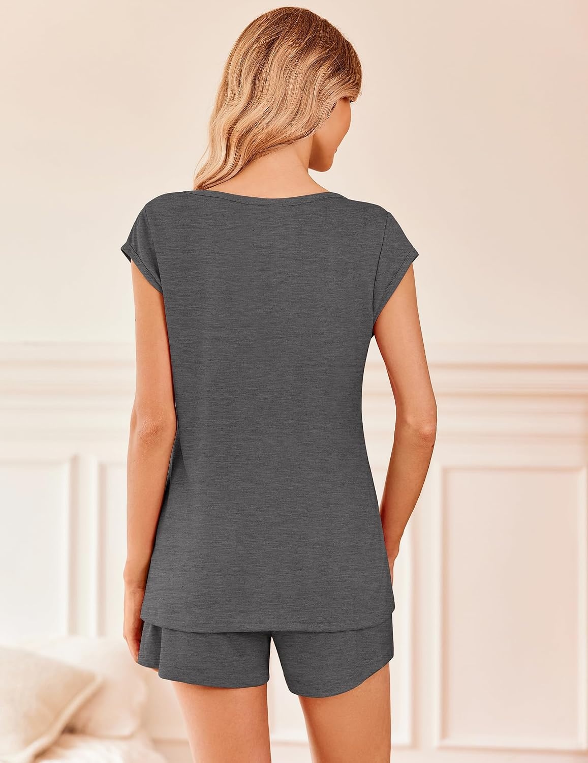 image:imageEkouaer Pajamas for Women 2 Piece Summer Lounge Set Short Sleeve Shorts Pjs Cap Sleeve Crew Neck Sleepwear with PocketsComfy Casual Loungewear for Stay at HomePostpartumAirport Traval OutfitsDark Grey